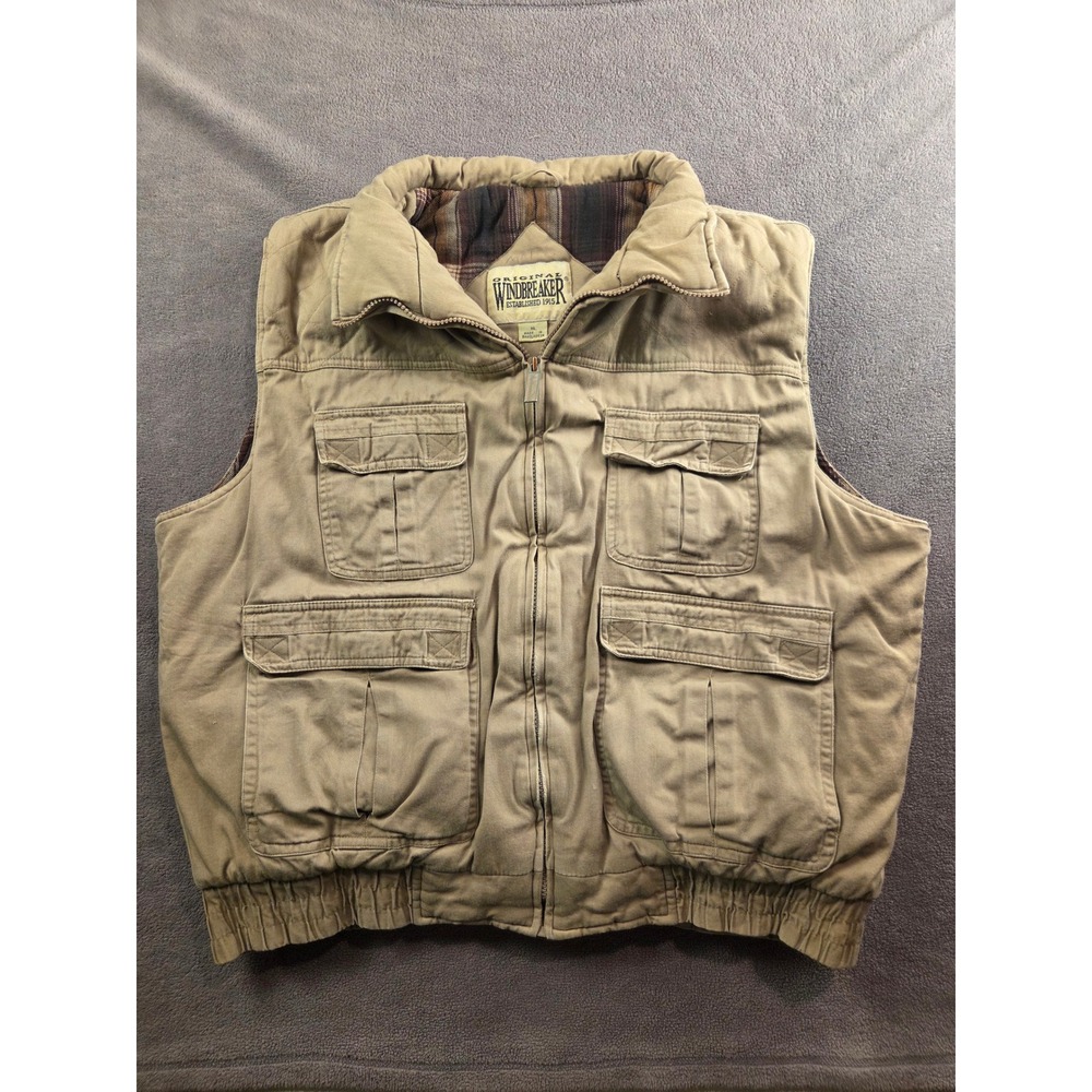 Original Windbreaker Mens XL Tan Canvas Utility Vest Plaid Flannel Lined Rugged